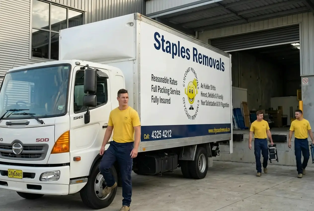 Two movers coming out of a warehouse with a third mover standing by the door of the moving truck