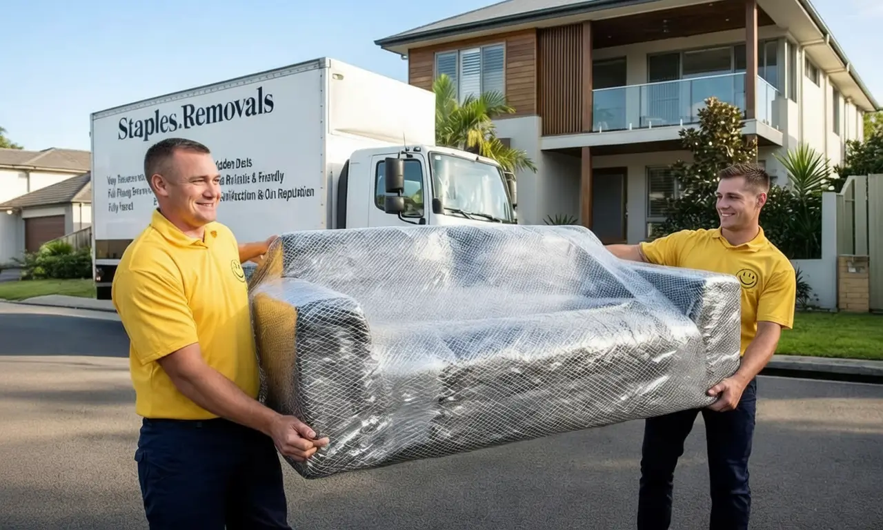 Two Staples movers carrying a lounge chair