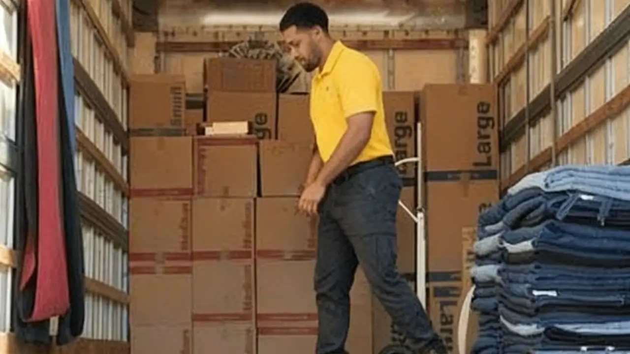 A moving truck with the back doors opened revealing household items packed and secure