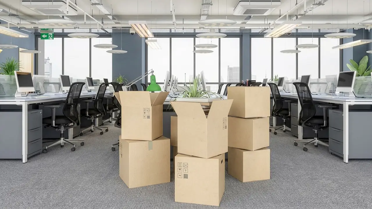 movers moving an office desk and another with office chair and boxes on a trolley