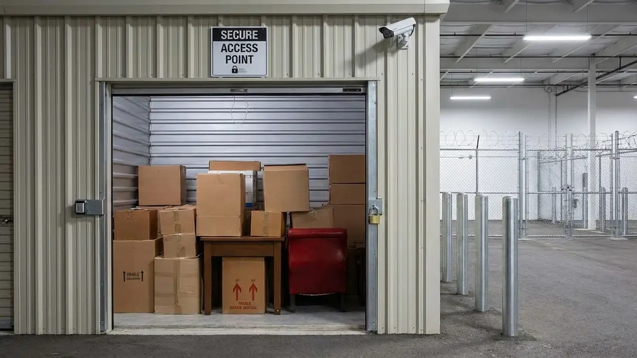 A secure storage facility with the door open showing household items stored.